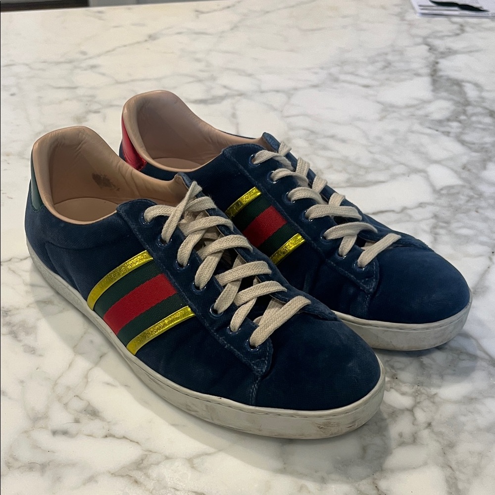 Gucci Navy Suede Sneakers with Red & Green Stripe and Gold Trim